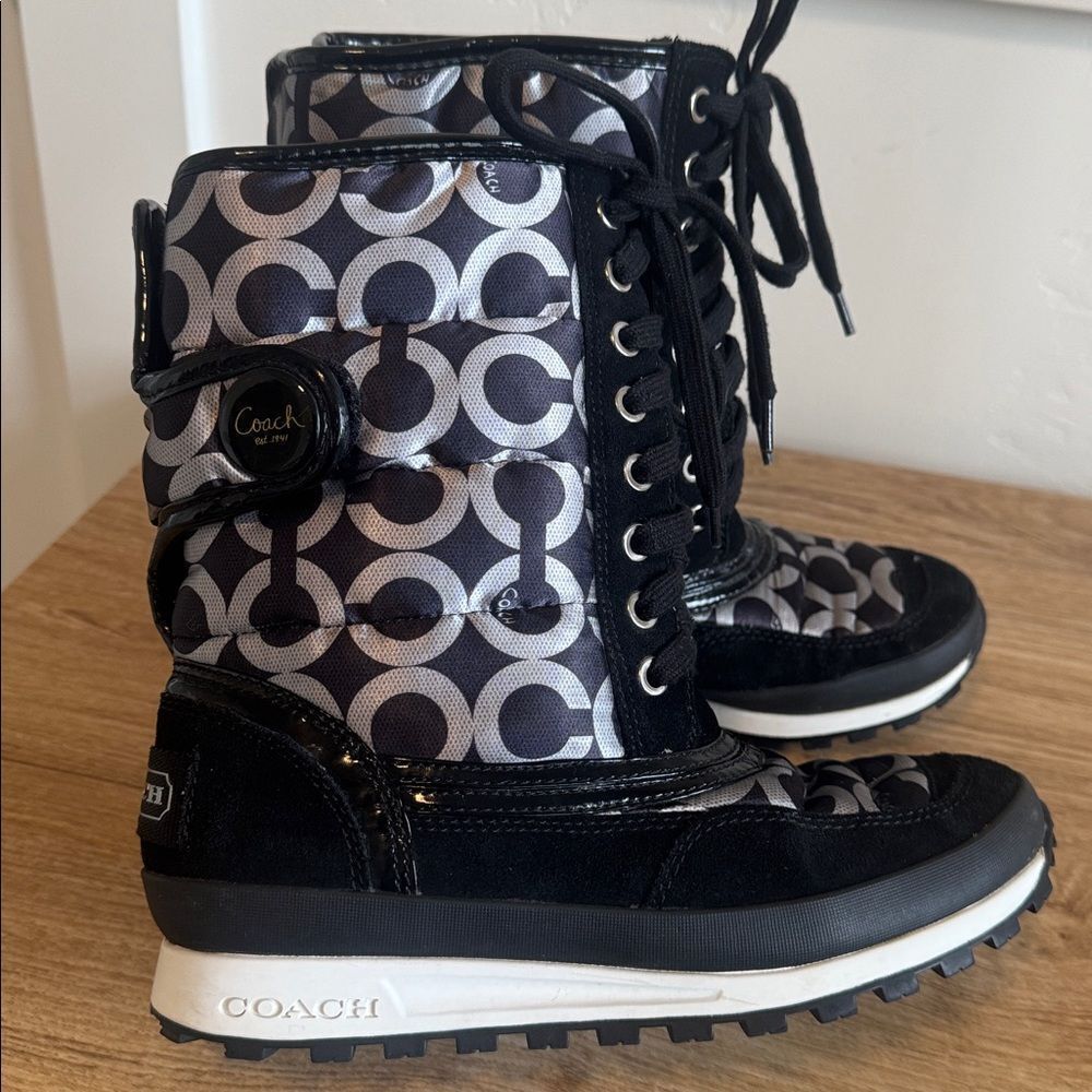 Coach DOREAN Monogram Women’s Black and Gray Nylon Suede Winter Boots Size 6.5 - Picture 7 of 13